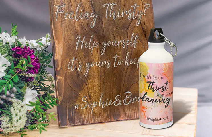 Personalised water bottle with a colourful design & fun quote, perfect for weddings.  #Sophie&Brad